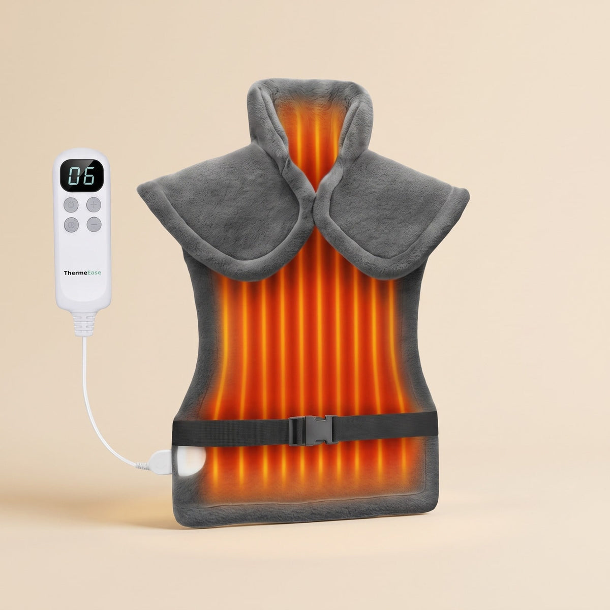Grey wearable heating pad for back, neck and shoulders with handheld controller on a plain background