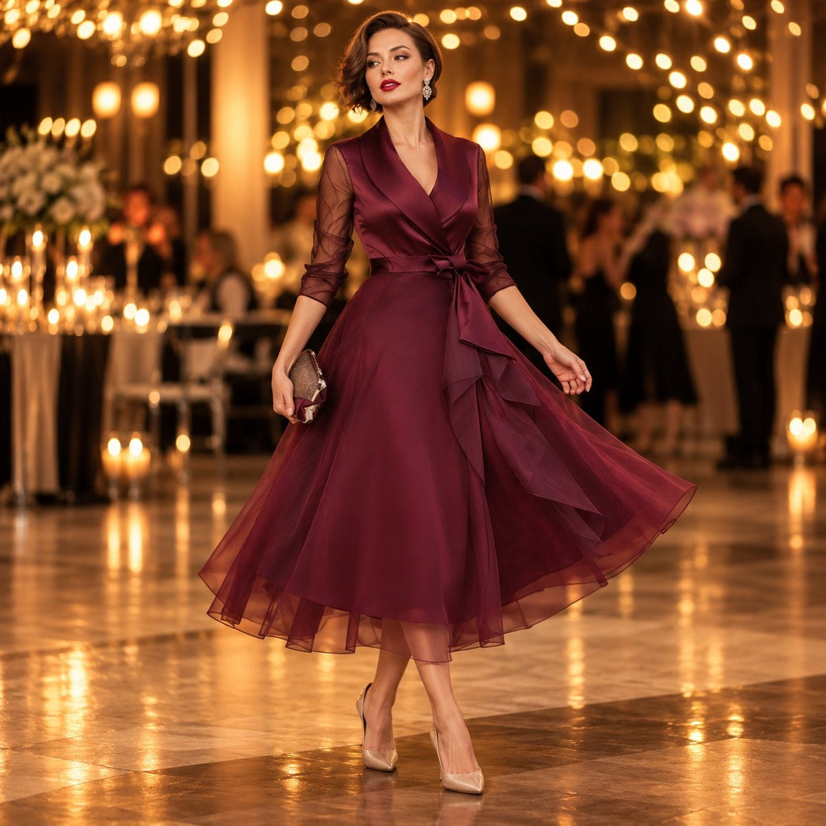 Woman dancing in a burgundy cocktail dress
