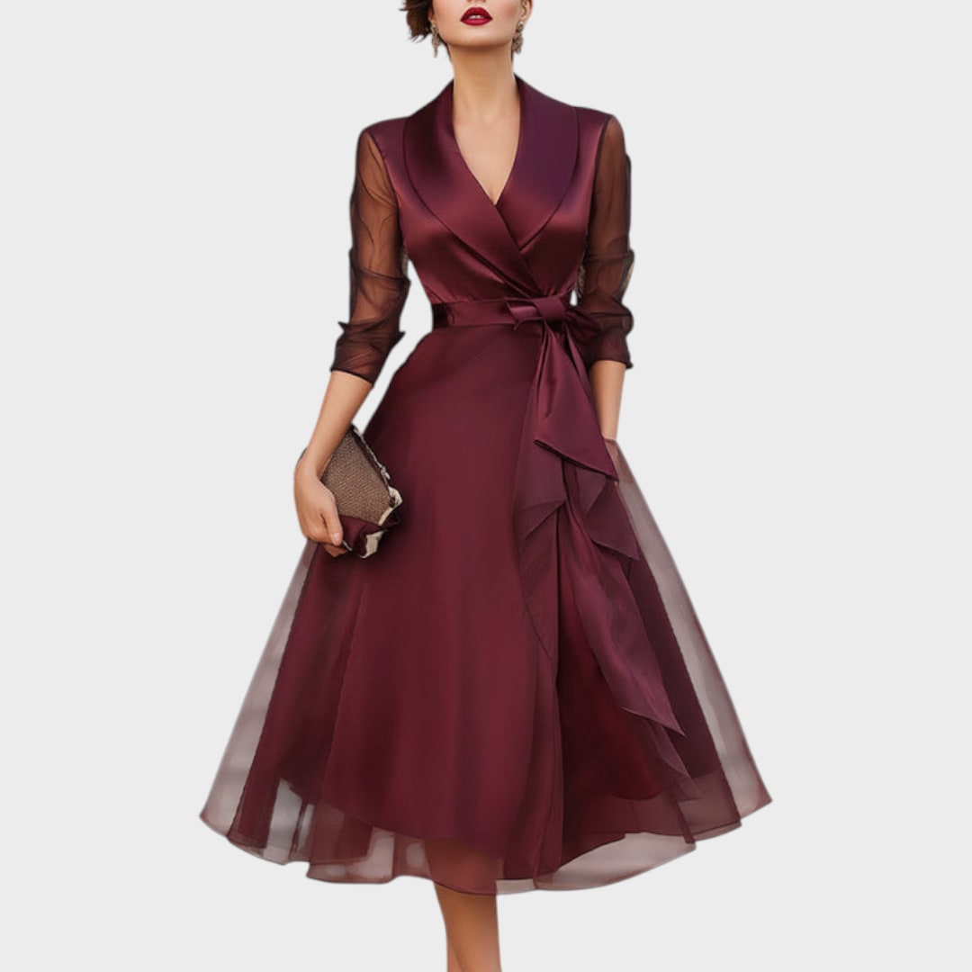 Burgundy wrap dress, front view