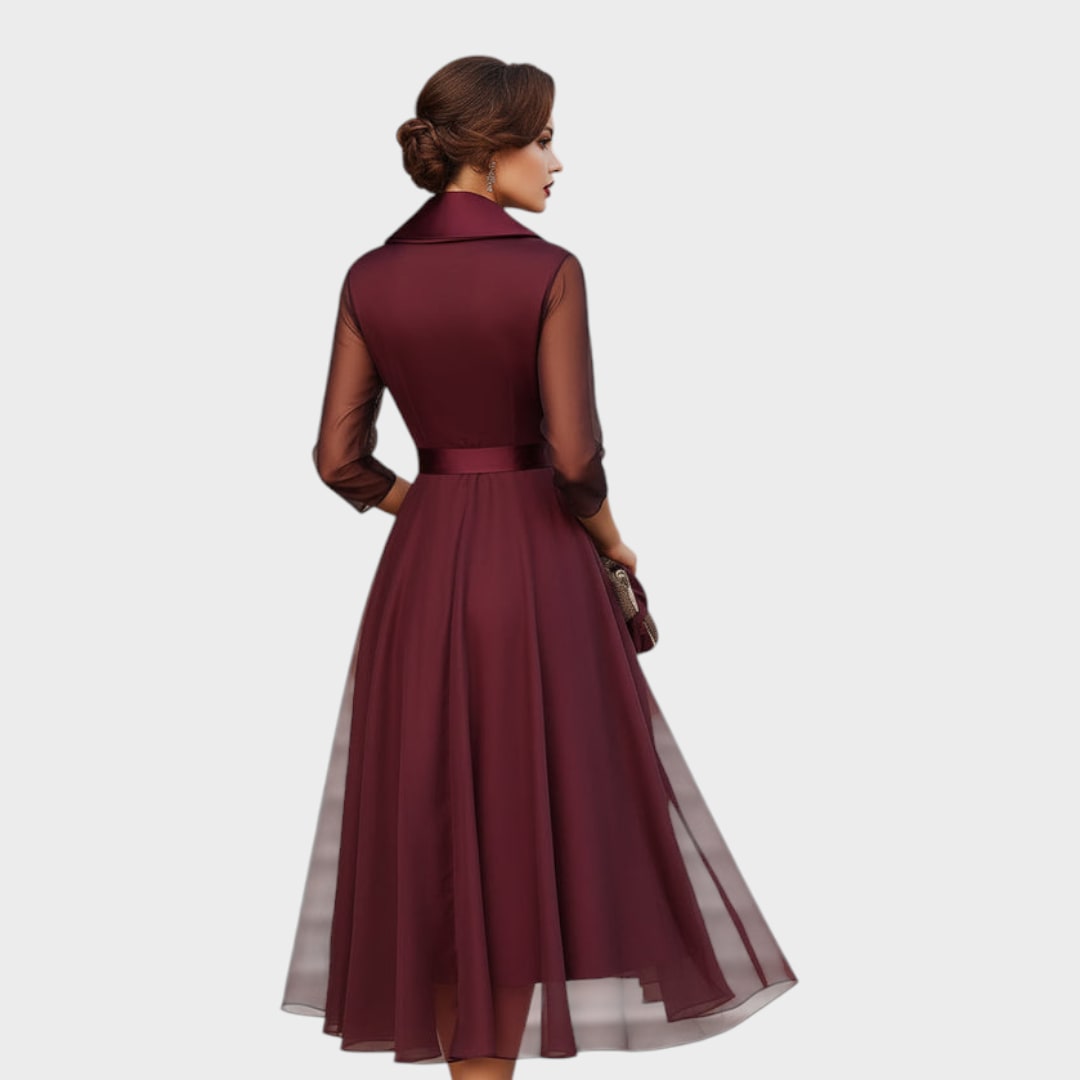 Burgundy wrap dress, back view