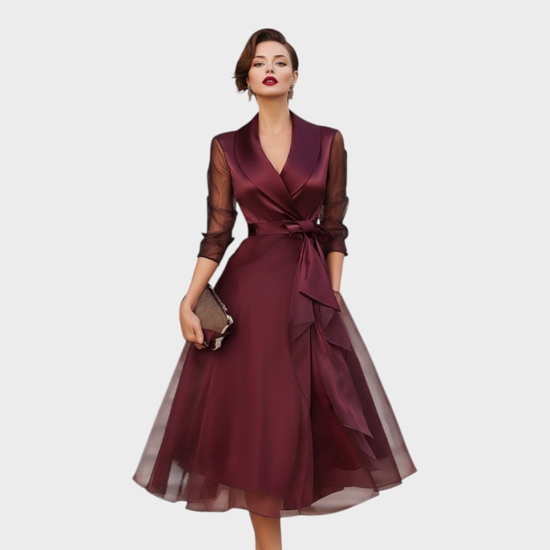 Burgundy wrap dress with waist belt
