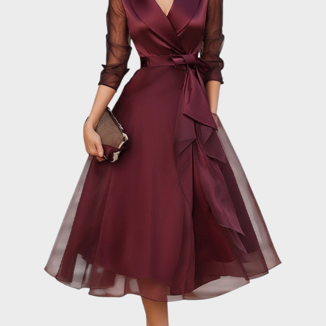 Burgundy dress, three-quarter view with layered skirt