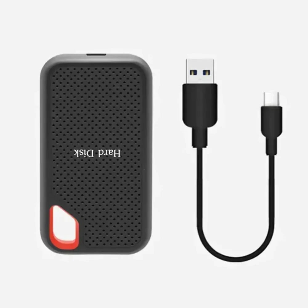 Black portable external SSD with USB cable on a white background