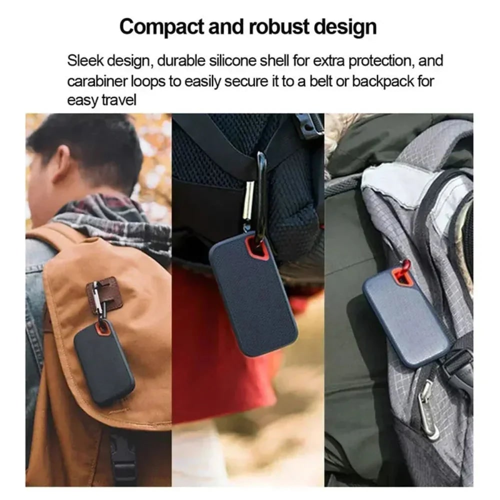 SSD clipped to a backpack with a carabiner loop