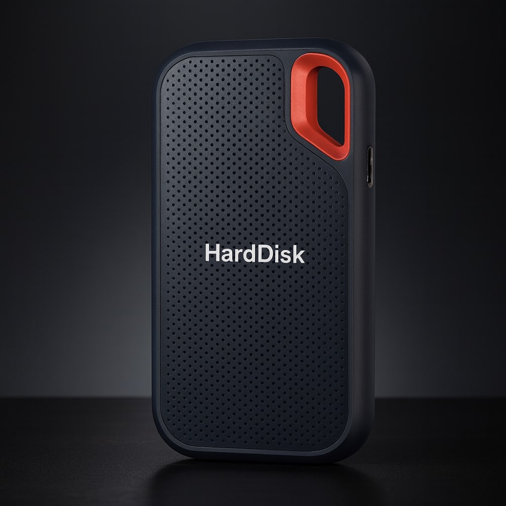 Black portable SSD with orange loop on a dark background