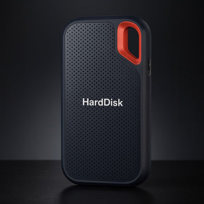 Black portable SSD with orange loop on a dark background