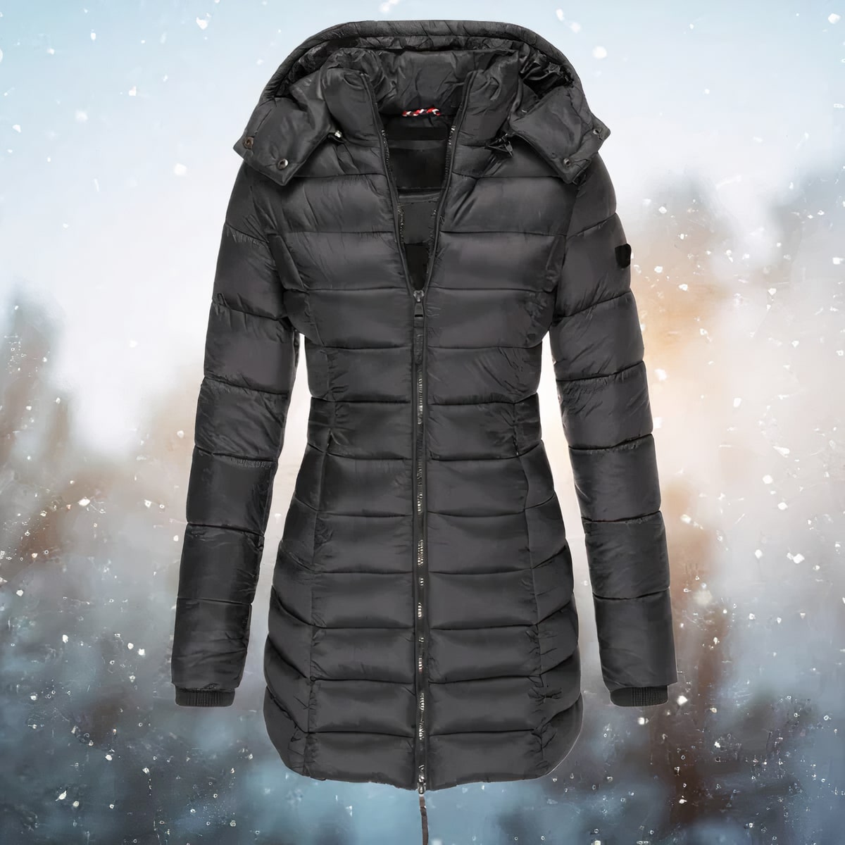 Black fitted hooded puffer jacket for women on a snowy background