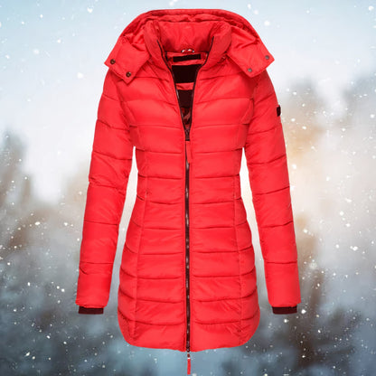 Red fitted hooded puffer jacket