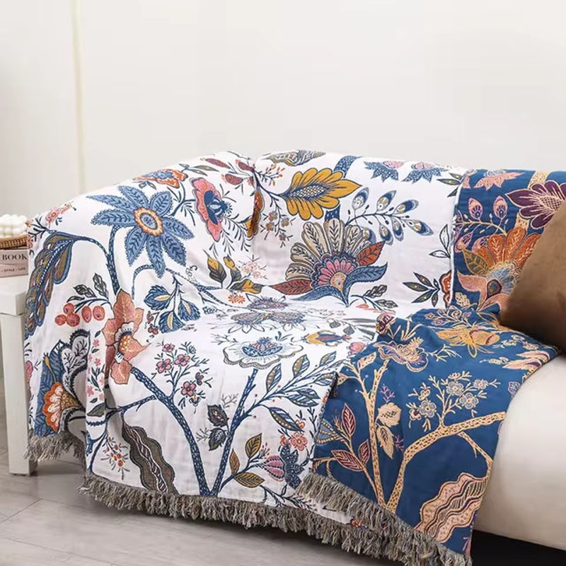 Floral Jacquard Throw Blanket, Reversible Cotton Bedspread 4