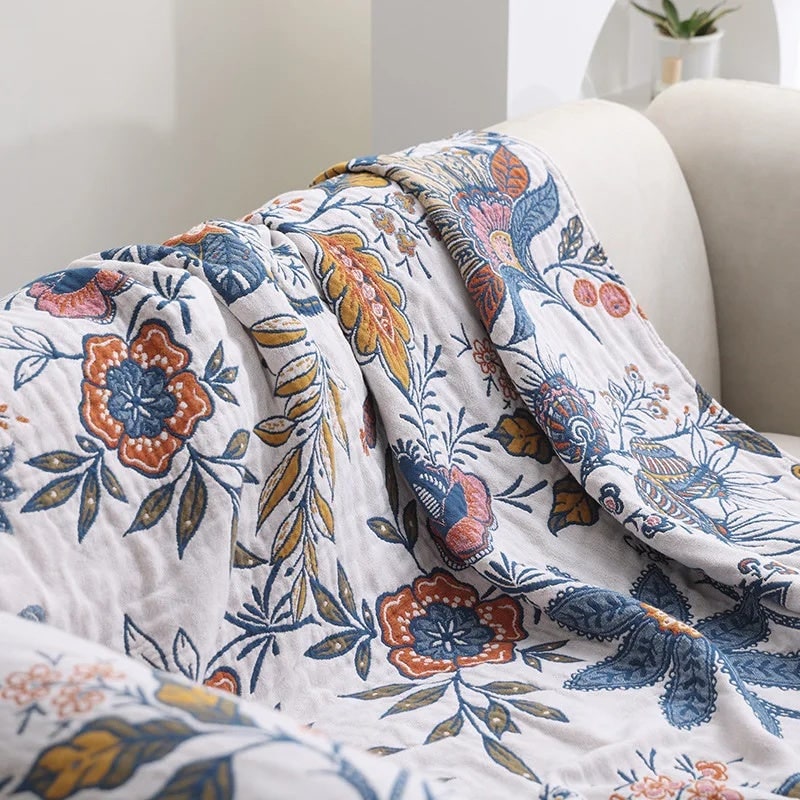 Floral Jacquard Throw Blanket, Reversible Cotton Bedspread 3