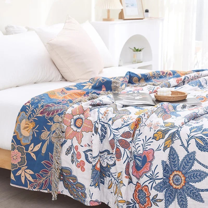 Floral Jacquard Throw Blanket, Reversible Cotton Bedspread 2
