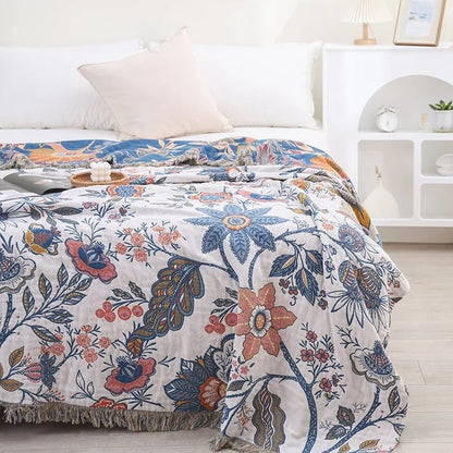 Floral Jacquard Throw Blanket, Reversible Cotton Bedspread 7