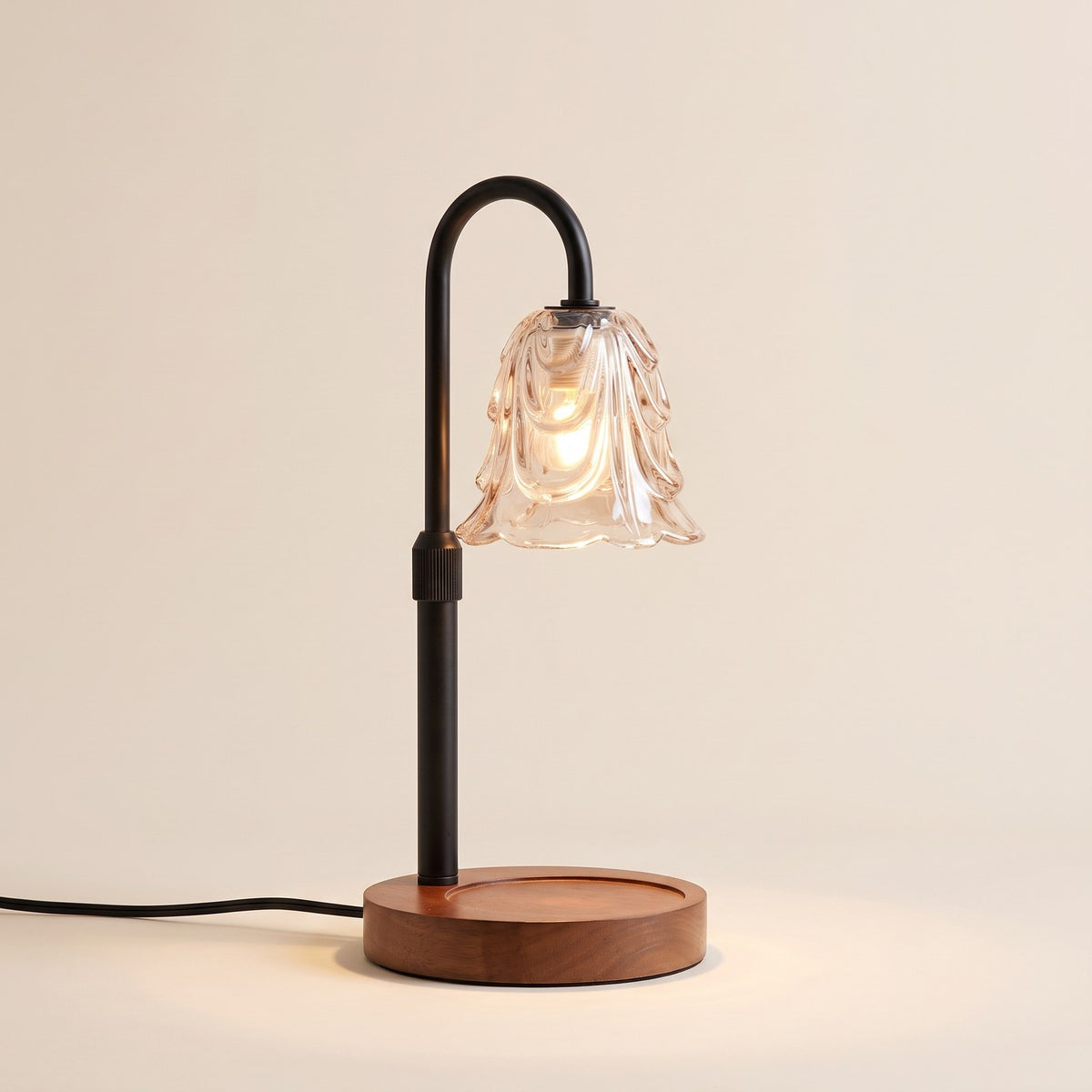 Flower glass candle warmer lamp with black arm and wooden base