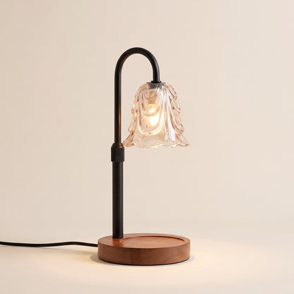 Flower glass candle warmer lamp with black arm and wooden base