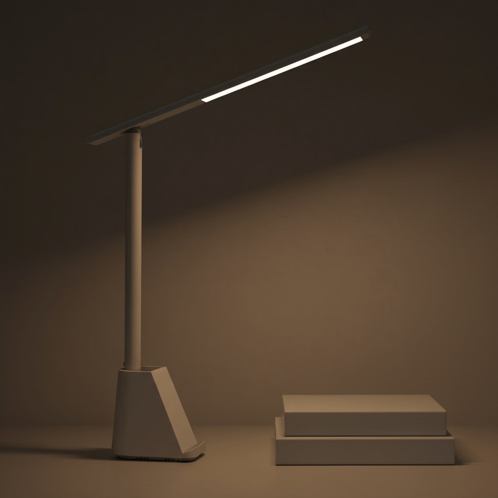 Foldable slim LED desk lamp in grey, switched on