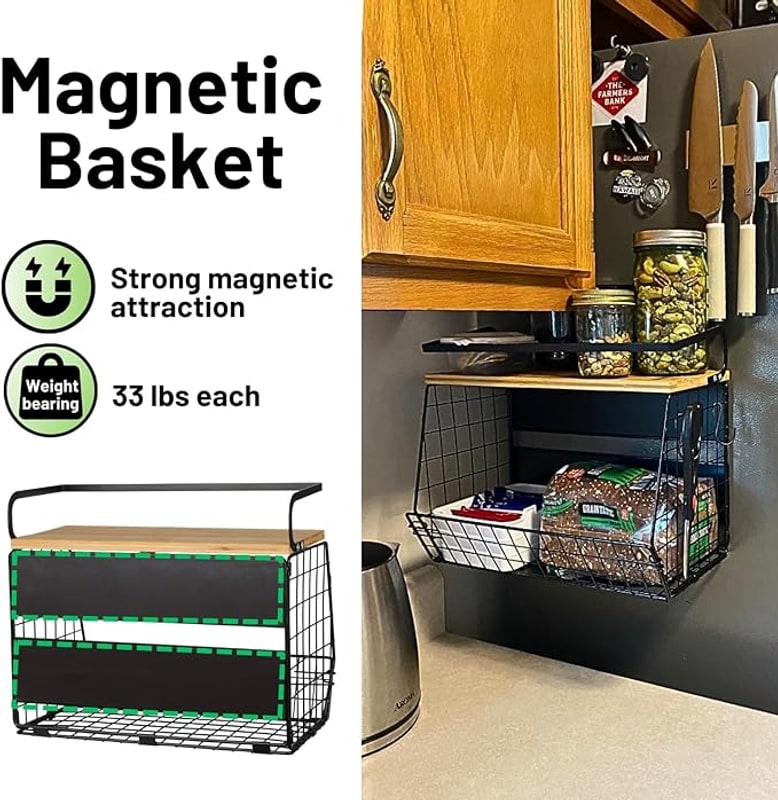 Magnetic fridge shelf with text explaining the strong magnetic hold of 33 lbs per shelf