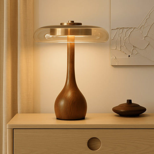 Glass Disc LED Table Lamp with Wooden Base