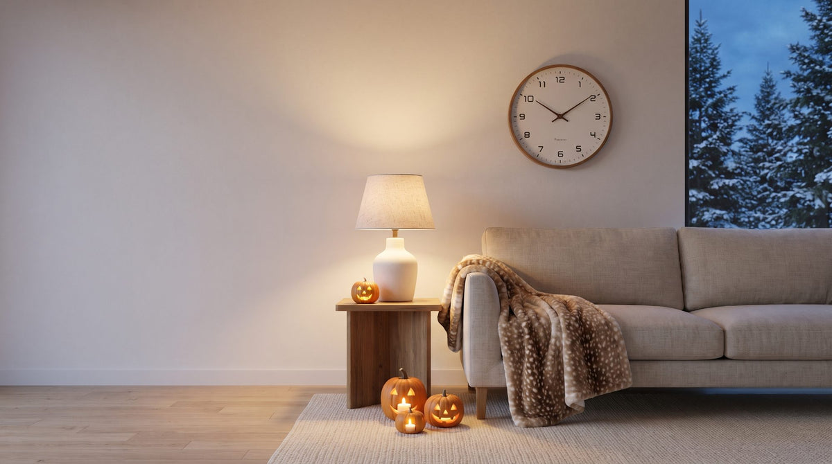 Warm living room at dusk with a lit table lamp, a soft throw and carved pumpkins