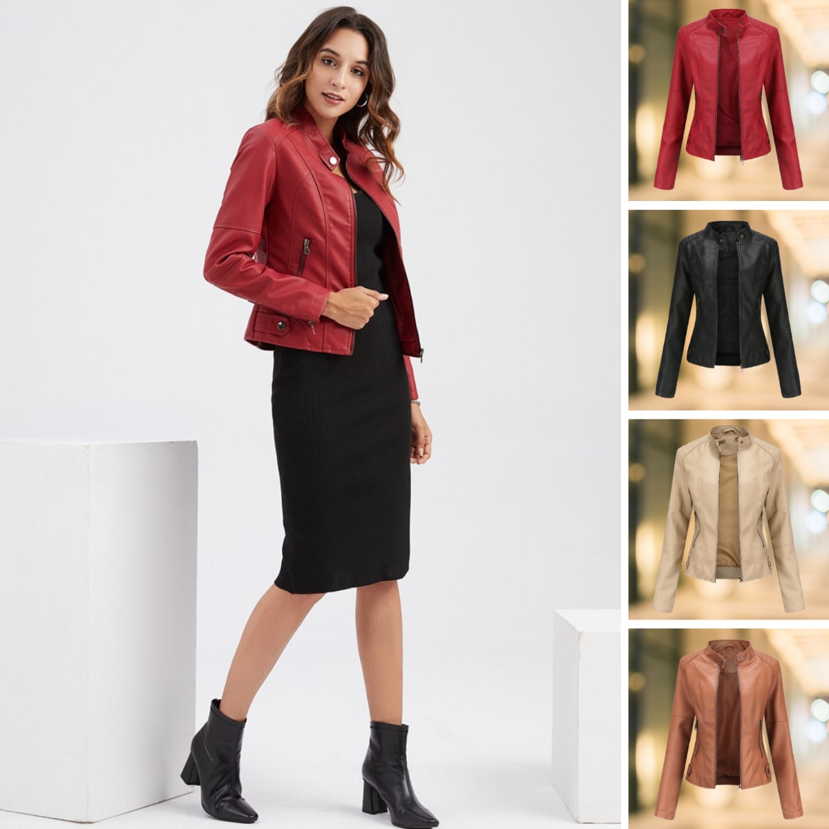 High Collar Jacket, Leather Jacket for Women with Zip 6