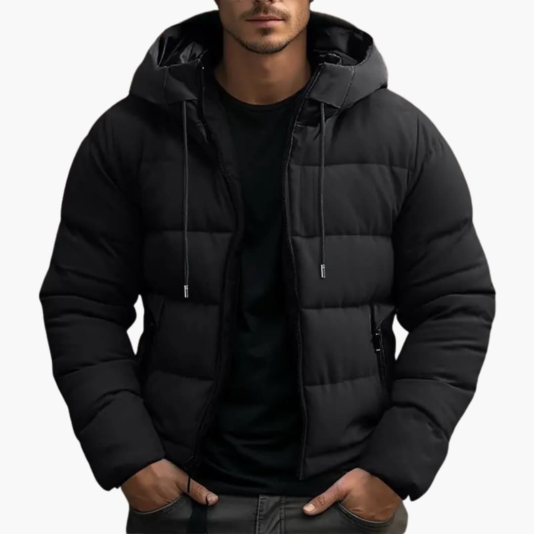 Man wearing a black hooded puffer jacket