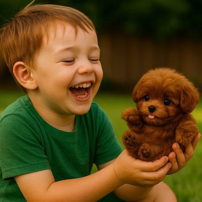 Child laughing with the brown robot puppy