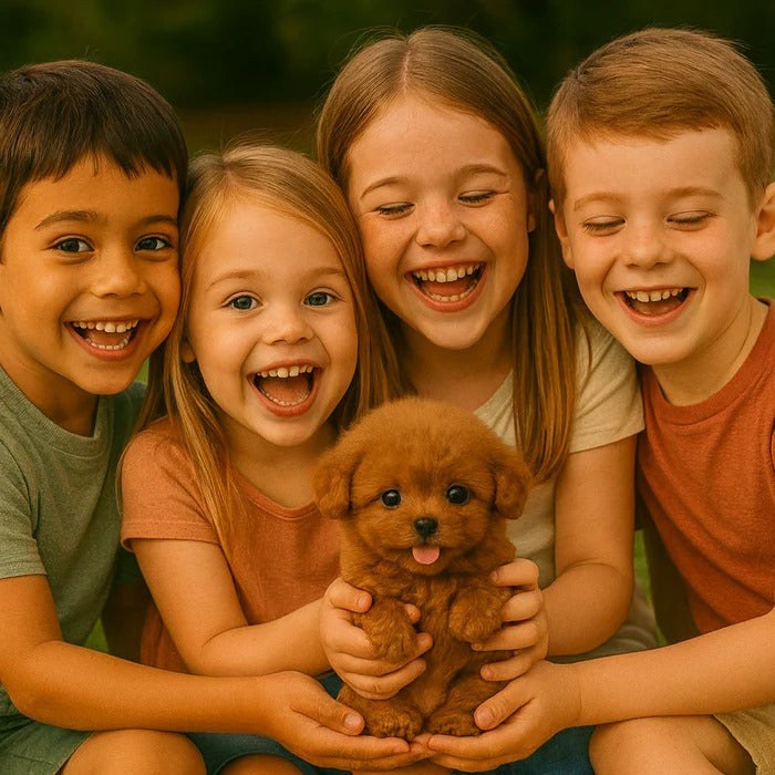 Children playing with the robot puppy