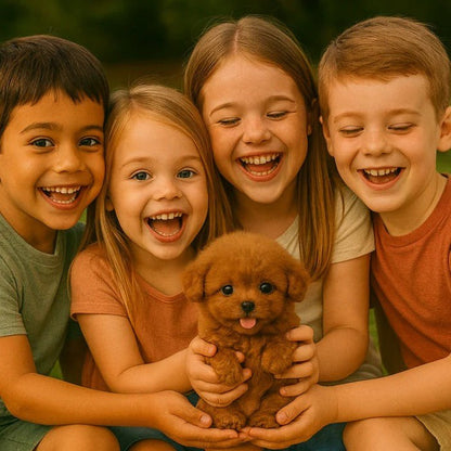 Children playing with the robot puppy