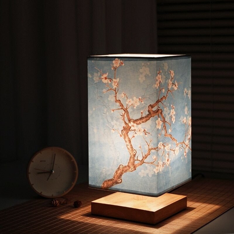 Japanese Table Lamp, Square Lantern Lamp with Floral Shade 2