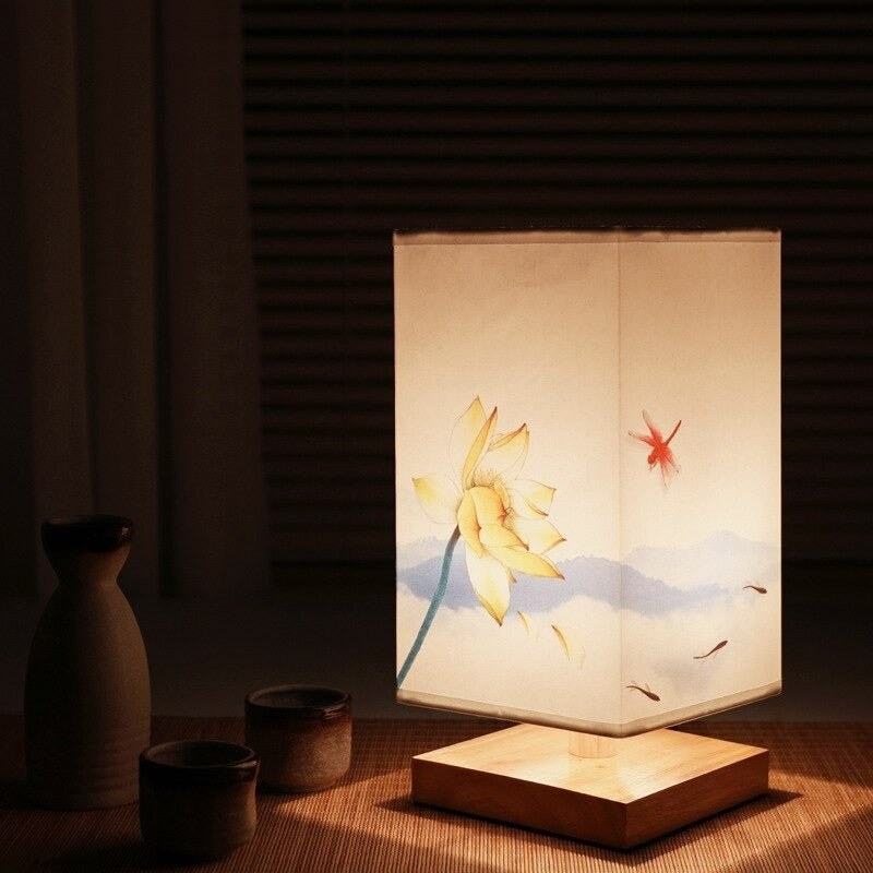 Japanese Table Lamp, Square Lantern Lamp with Floral Shade 5