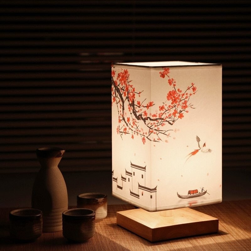 Japanese Table Lamp, Square Lantern Lamp with Floral Shade 3