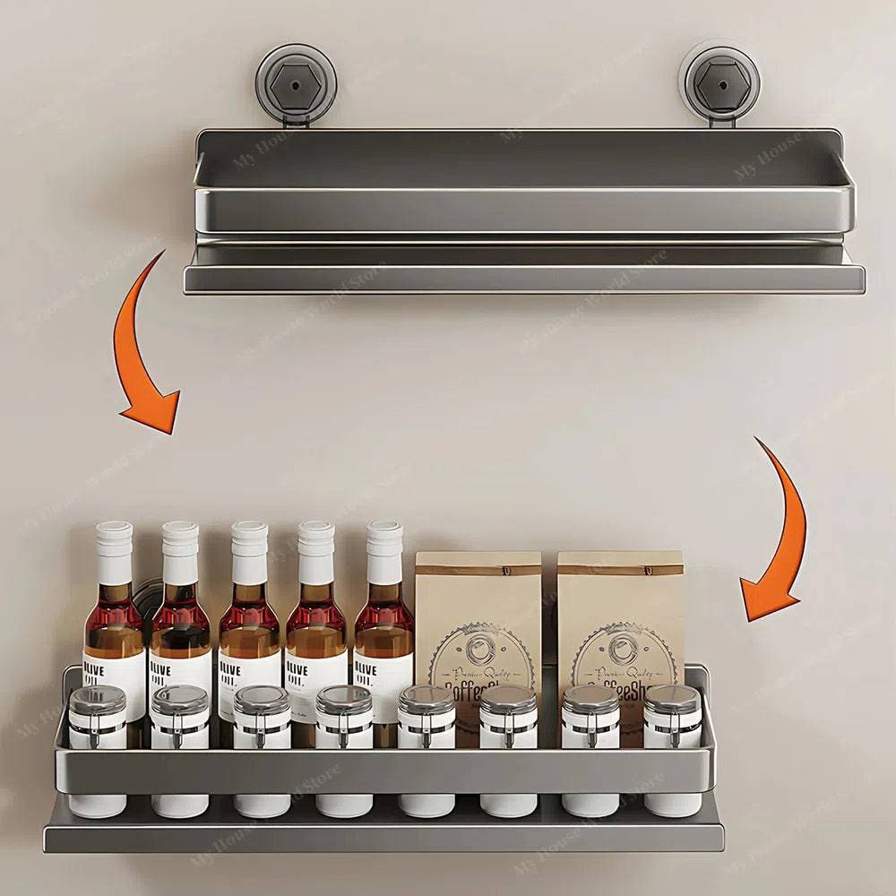 Shelf holding bottles of oil and spices