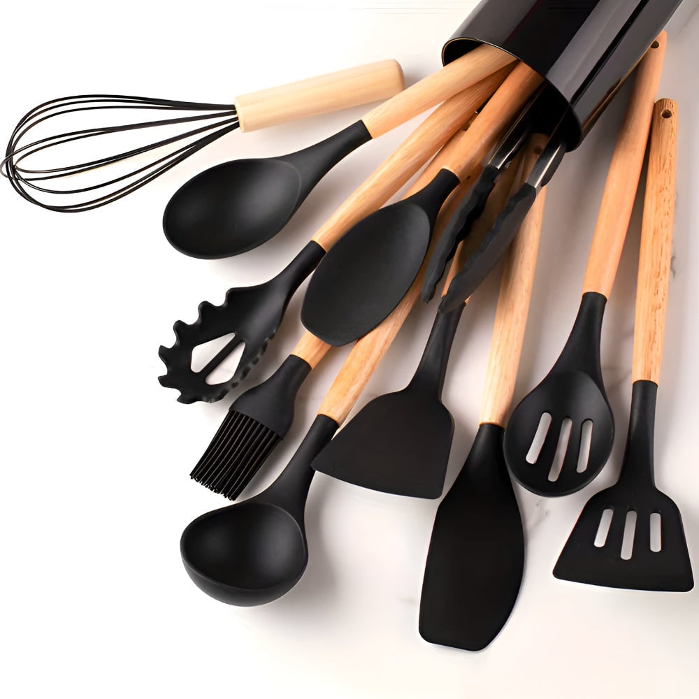 Black silicone utensils with bamboo handles
