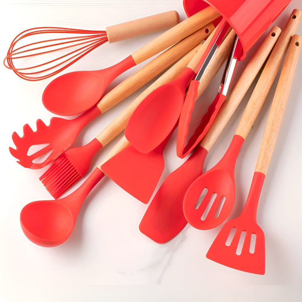 Red silicone utensils with bamboo handles