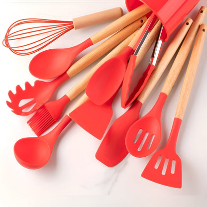Red silicone utensils with bamboo handles