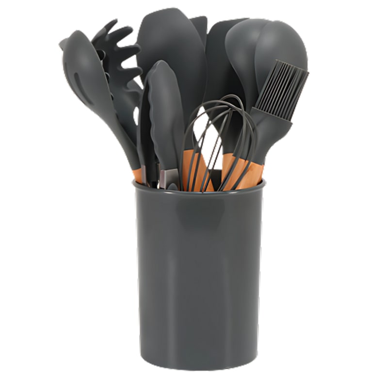 Gray utensil set in a storage bucket
