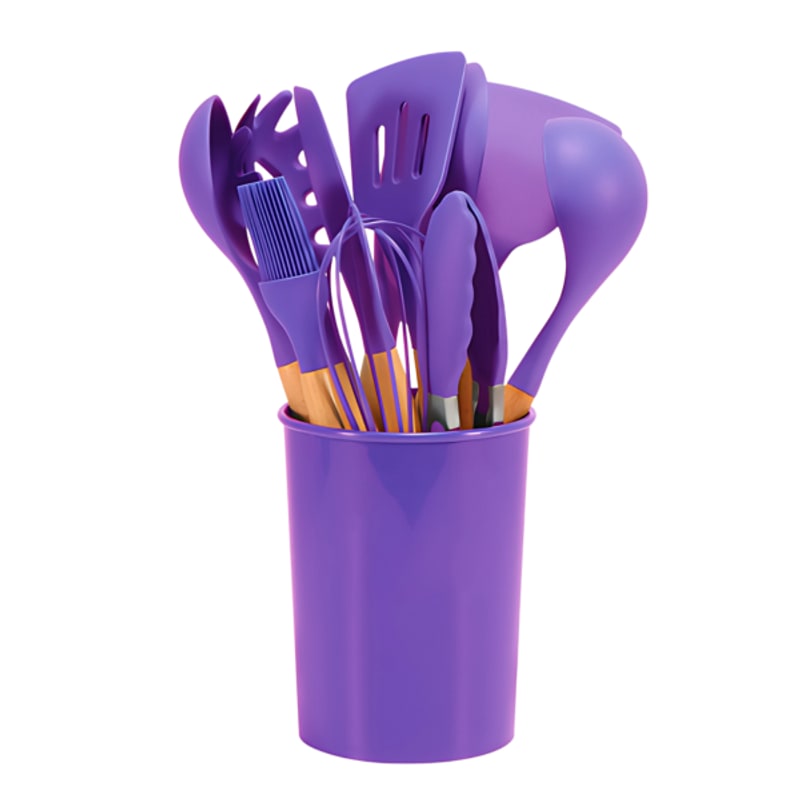 Purple utensil set in a storage bucket