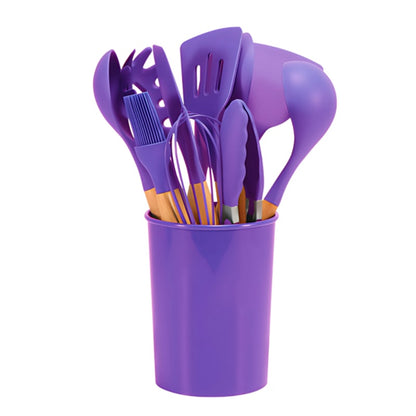 Purple utensil set in a storage bucket