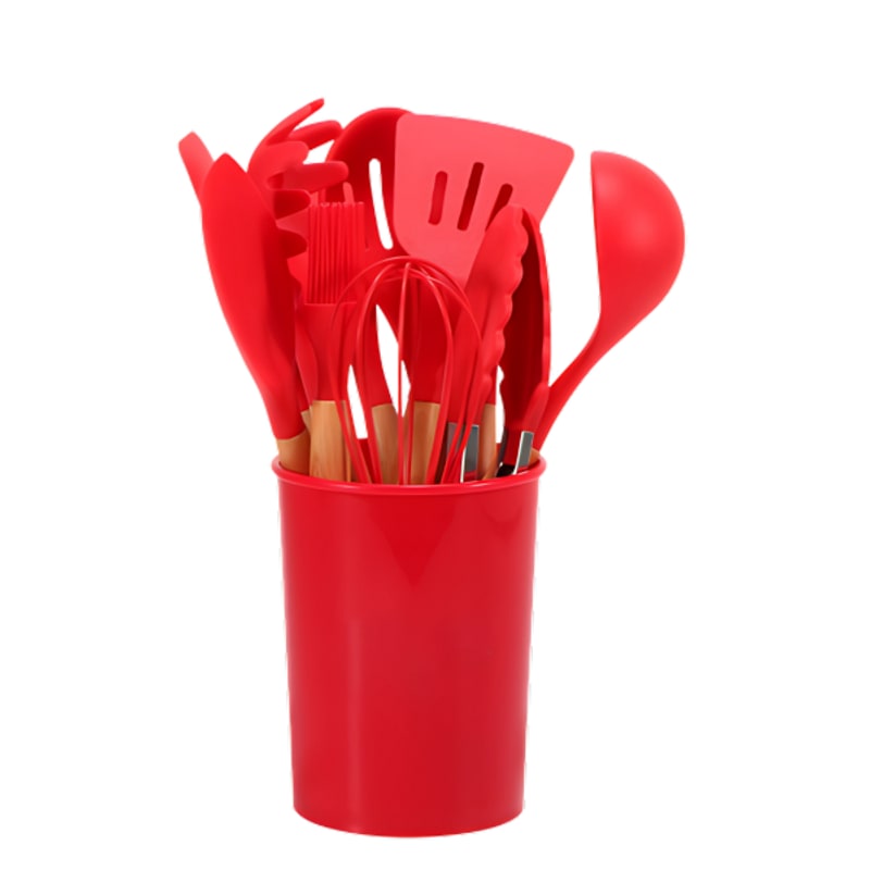 Red utensil set in a storage bucket
