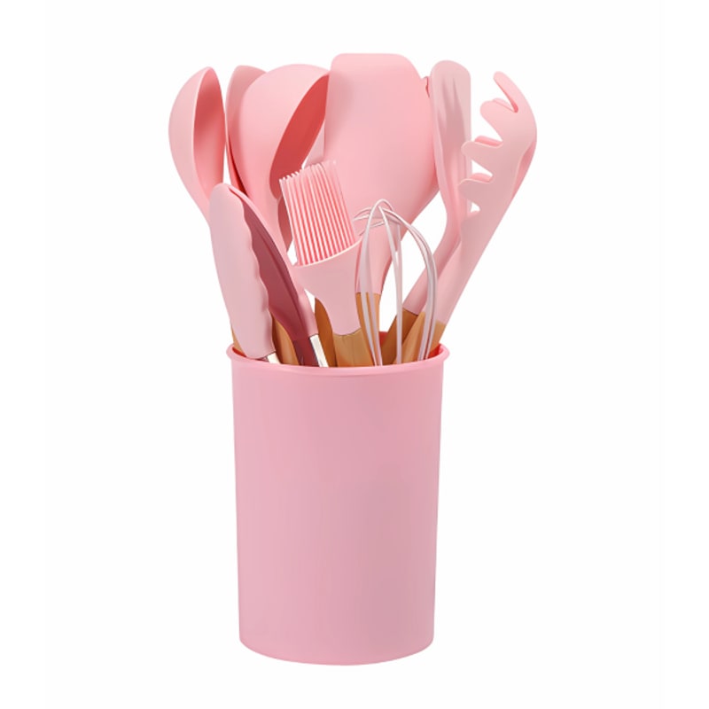 Pink utensil set in a storage bucket