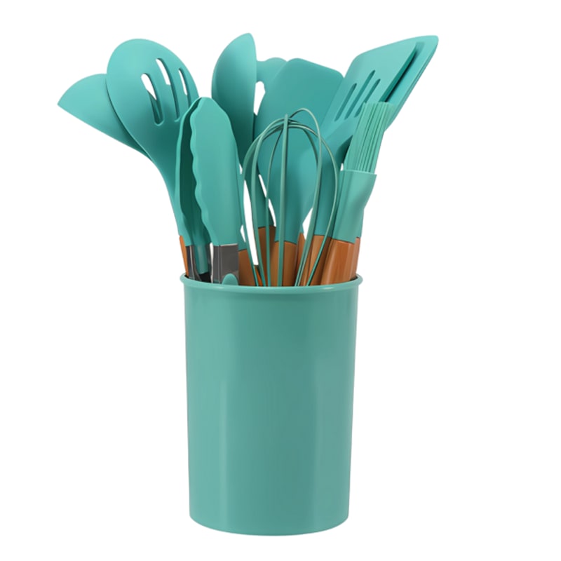 Emerald green utensil set in a storage bucket