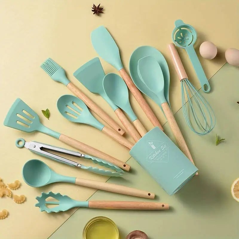 Green silicone utensil set with wood handles