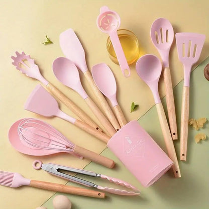 Pink silicone utensil set with wood handles