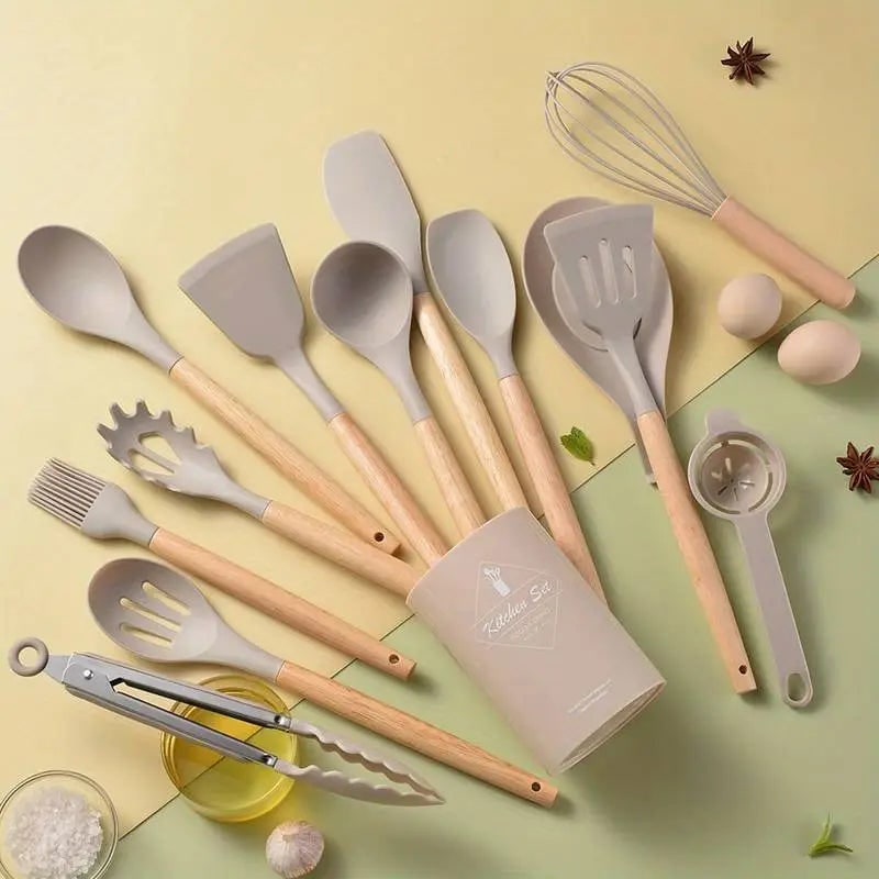 Khaki silicone utensil set with wood handles