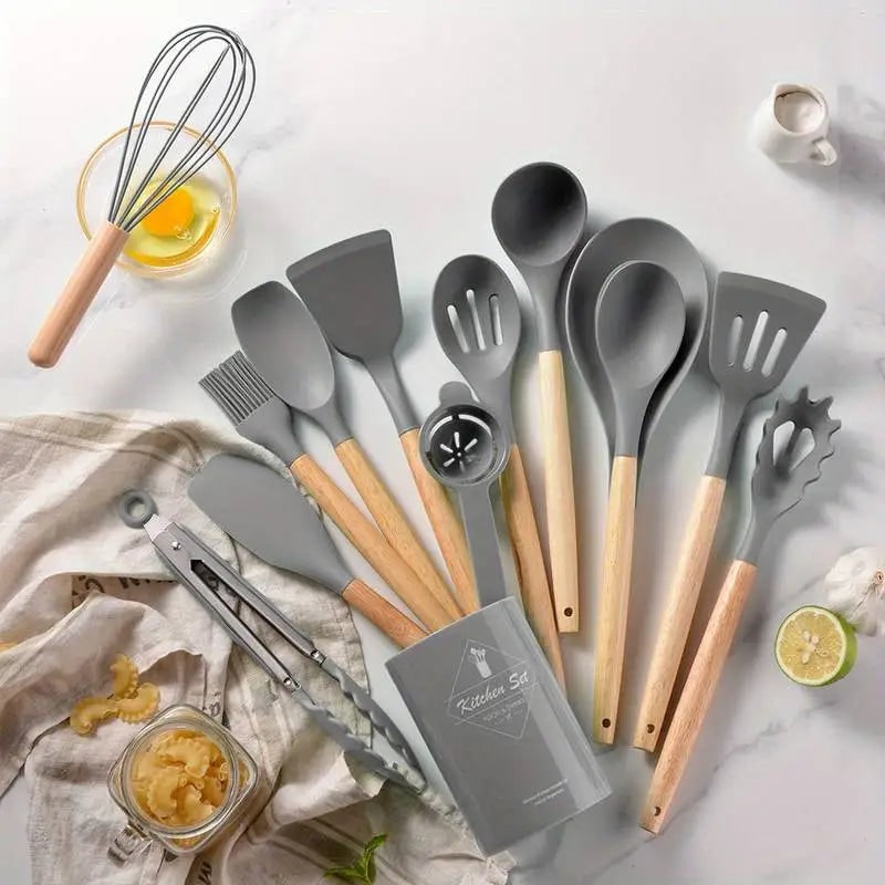 Grey silicone utensil set with wood handles