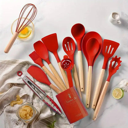 Red silicone utensil set with wood handles