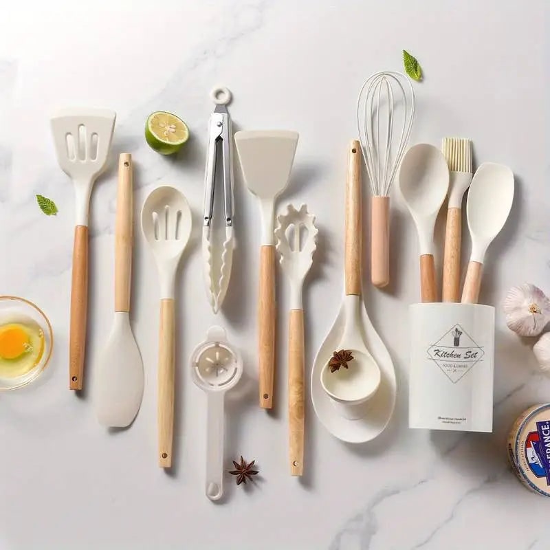 White utensil set laid out on a counter