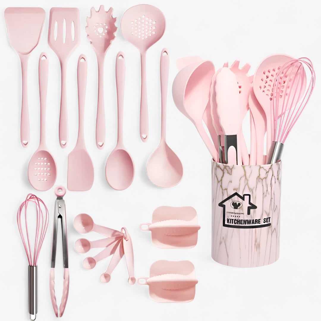 Pink 18 piece utensil set with bucket