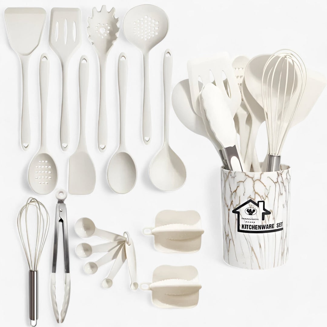 White 18 piece utensil set with bucket