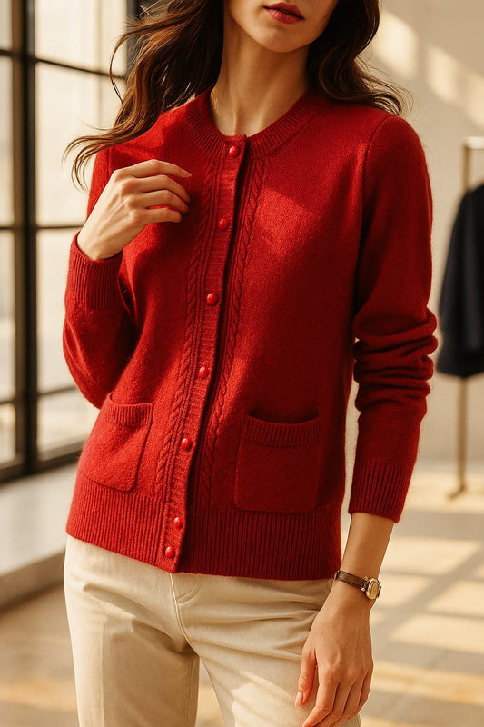 Women's red button-front knit cardigan with front pockets, worn with cream trousers