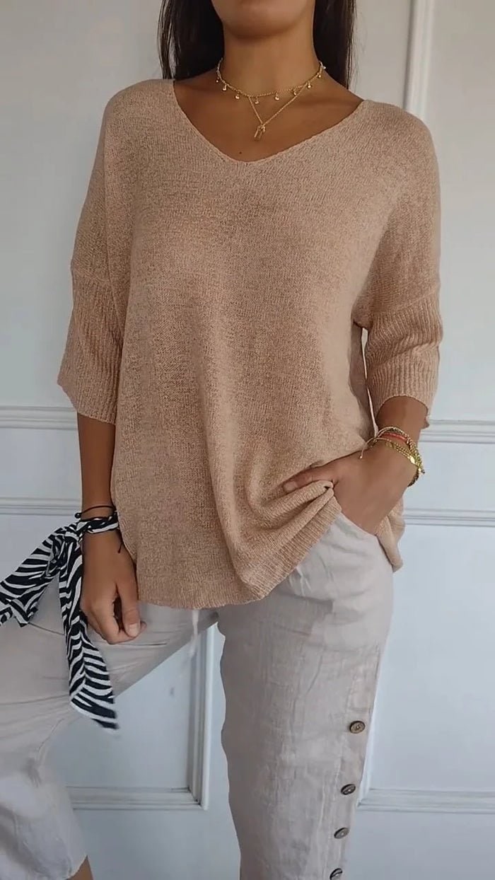 Women's apricot V-neck knit sweater